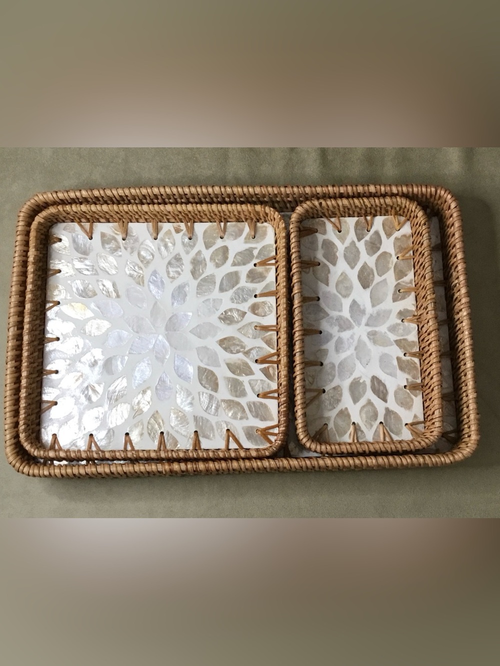 Brazil Station Handwoven Rattan Mother of Pearl Service Tray Set of Three.